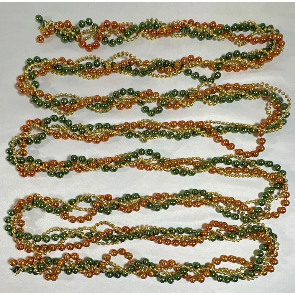 Vintage Faux Plastic Beaded Garland Green Gold Orange Holiday Strand Almost 9 ft